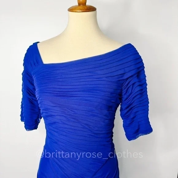 TADASHI SHOJI Asymmetrical Ruched Mesh Evening Formal Gown in Lake Blue - Picture 3 of 8